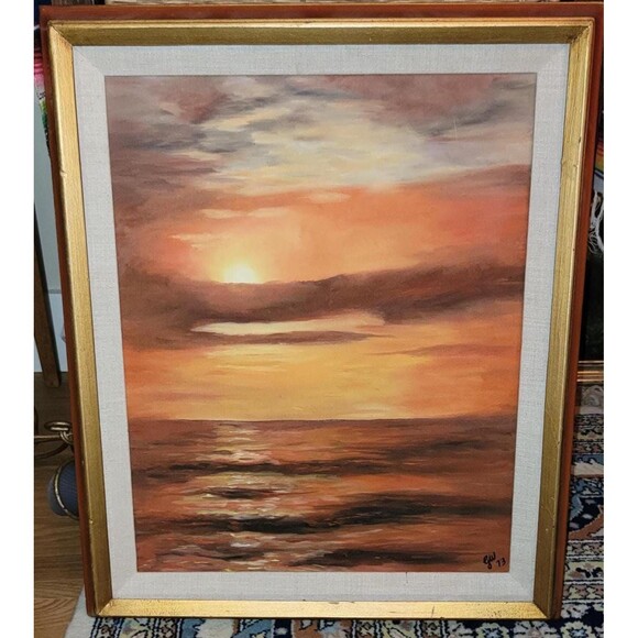 VTG 1973 Ocean Sunset Sea Landscape Oil Painting Frame 21 1/2" x 24 1/2" Red Sky - Picture 1 of 16